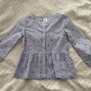 Carter’s blue striped longsleeve three T-shirt with red hearts.